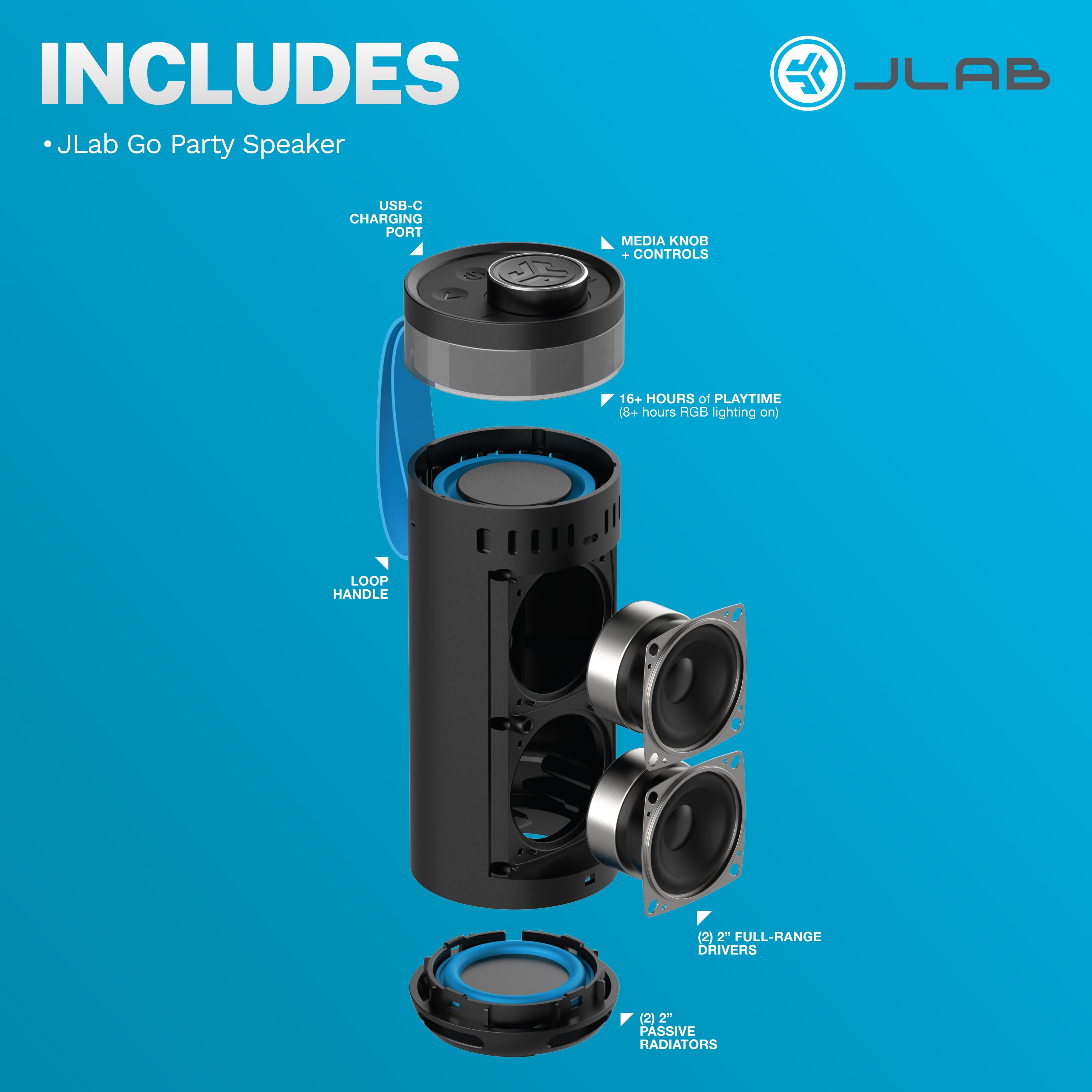 JLab GO Party Speaker - Black Splashproof Bluetooth Portable Speaker