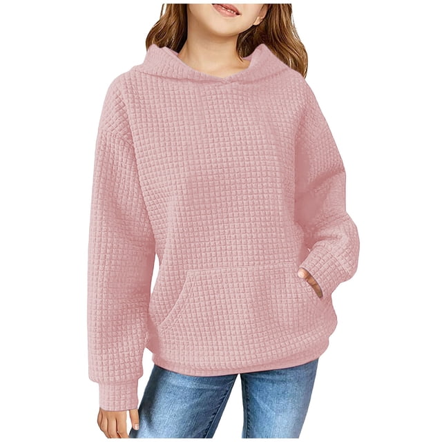 FAOWME Child Solid Color Hooded Silk Checked Tops Coat Light Pink 9-10 Years
