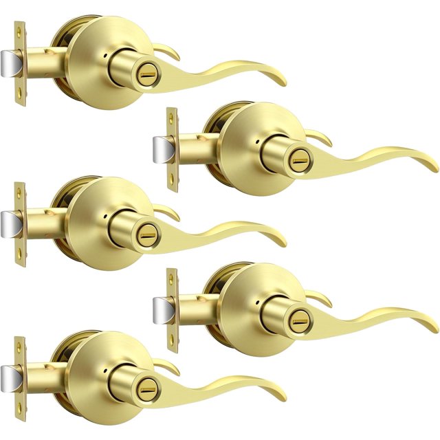 Poignées de Porte d'Intimité en Or Brossé pour Intérieur, Poignée de Porte Intérieure en Laiton Brossé Robuste avec Serrure, Style Ondulé, Sans Clé, Réversible pour Portes de Chambre et de Salle de Bain