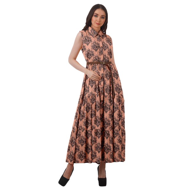 Moomaya Robes à Étages en Rayonne pour Femmes Imprimées Col Classique Robe-Chemise Femmes