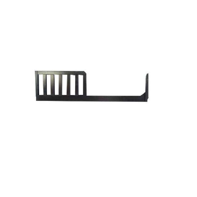 Concord Baby Toddler Guard Rail in solid wood with non-toxic dark finish, featuring vertical slats and horizontal safety barrier, designed to fit select Concord Baby cribs, measuring 49 inches long and 10 inches high.