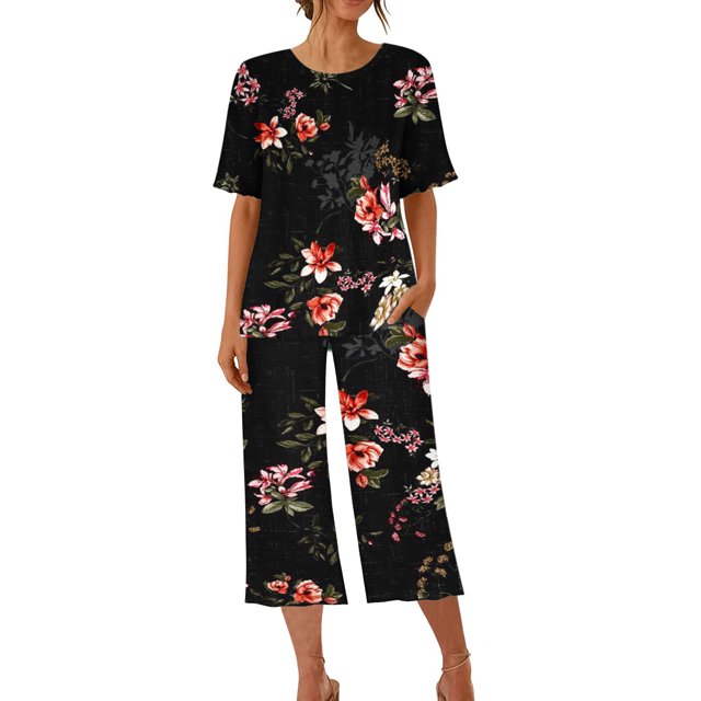 Mikilon Pyjama Décontracté pour Femmes, Ensemble de Sommeil, Imprimé Vintage, Manches Courtes, Pantalon Capri, 2 Pcs, Col Rond, Tenue de Détente Décontractée avec Poches, Ensemble 2 Pcs, Noir, P