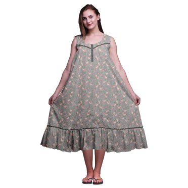 Bimba Chemises de Nuit en Coton Grises à Feuilles Florales et Tulipes pour Femmes Mi-Mollet Imprimées Robe de Nuit Petite