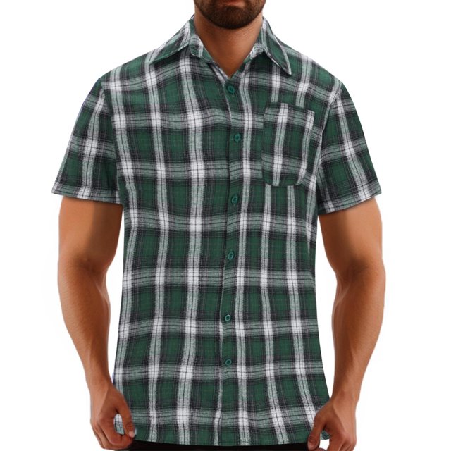Penkiiy Chemise Tissée à Manches Courtes pour Homme, Coupe Régulière, Boutonnée, avec Poche, G Vert
