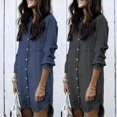 thumbnail image 2 of Office Lady Turn Down Collar Buttons Long Sleeve Fringe Denim Shirt Mini Dress, 2 of 8