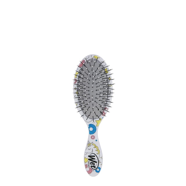 WETBRUSH WB KIDS DETANGLER multicolour detangling brush with an oval head and black flexible bristles topped with white beads, featuring a white handle decorated with colorful cartoon unicorns, stars, and donuts, sized for children's hands and suitable for all hair types including extensions and wigs.