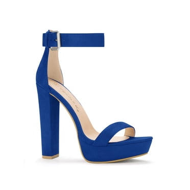 BLISSFUL STEP Women's Shoes Faux Suede Ankle Strap Open Toe High Chunky Heel Platform Sandals Royal Blue 9