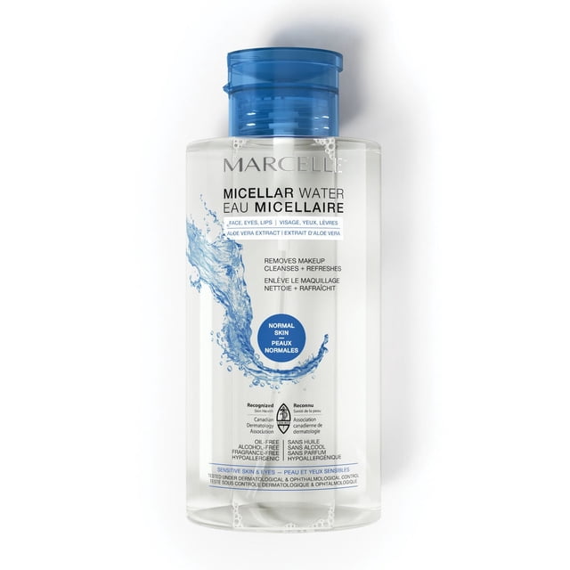 Marcelle Micellar Water with Aloe Vera Extract, 400ml, clear plastic bottle with blue flip-top cap, designed for normal skin to gently remove makeup and cleanse face, eyes, and lips, oil-free, alcohol-free, fragrance-free, hypoallergenic, recognized by Canadian Dermatology Association, front label features water splash graphic.