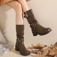 thumbnail image 3 of Mid Calf Combat Riding Boots for Women Slouchy Leather Buckle Square Toe Chunky Heel Winter Fall Tall Boots, 3 of 7