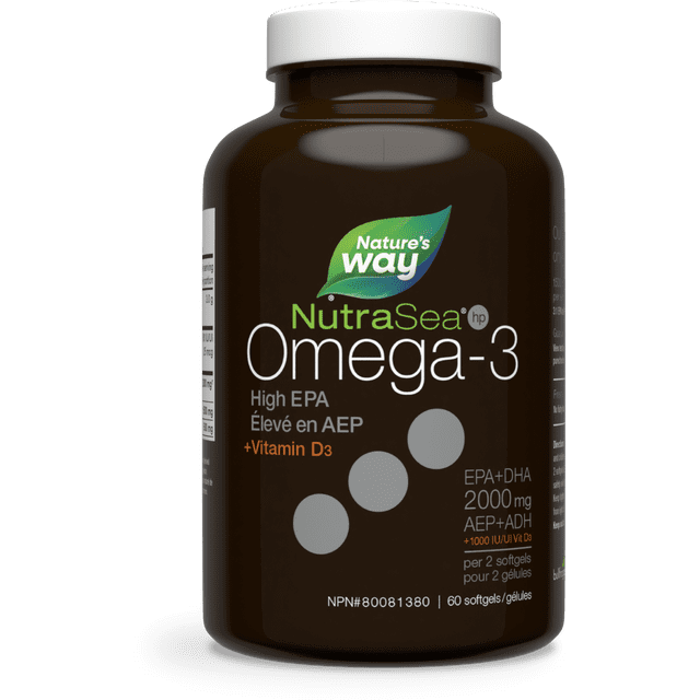 Nature's Way NutraSea HP+D Bouteille de 60 Unités de Liquidgels avec Contenant Brun Foncé et Bouchon Blanc. l'Étiquette Favorise des Huiles de Poisson Riche en EPA Oméga-3 avec 1500 mg d'Epa, 500 mg de DHA et 1000 UI de Vitamine D par dose. Idéal pour le Maintien de la Santé, la Fonction Cérébrale et le Développement des Os.