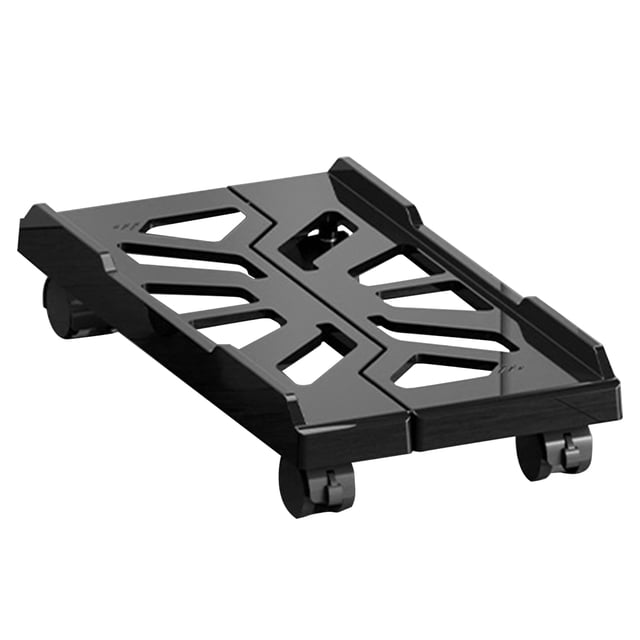 Adjustable Mobile CPU Stand Heavy-Duty PC Tower Stand with 4 caster wheels, shown in a black finish. The stand features a ventilated base with a perforated design for heat dissipation, protective railings on both sides for stability, and an adjustable width range of 20-28cm. Equipped with 360° rotating universal wheels, including lockable options for stationary use. Made of sturdy metal steel pipes and PS panels, it supports up to 32kg. Suitable for home and office use.