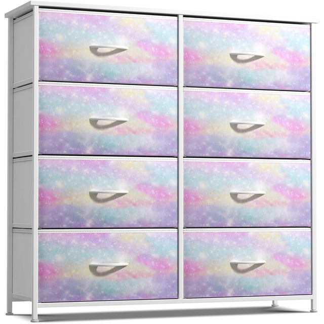Commodes pour Chambre avec 8 Tiroirs, Présentant un design Léger et portable par Sorbus. Cette Commode à Tiroirs a un Cadre en Acier Robuste et Huit Tiroirs en Tissu Amovibles avec un Motif Inspiré d'Une Galaxie pastel. Idéale pour Organiser Vêtements, Jouets et Accessoires dans les Chambres d'Enfants, les Résidences Étudiantes Ou les Bureaux à Domicile. Dimensions : 31.5x11.8x32.1 Pouces.