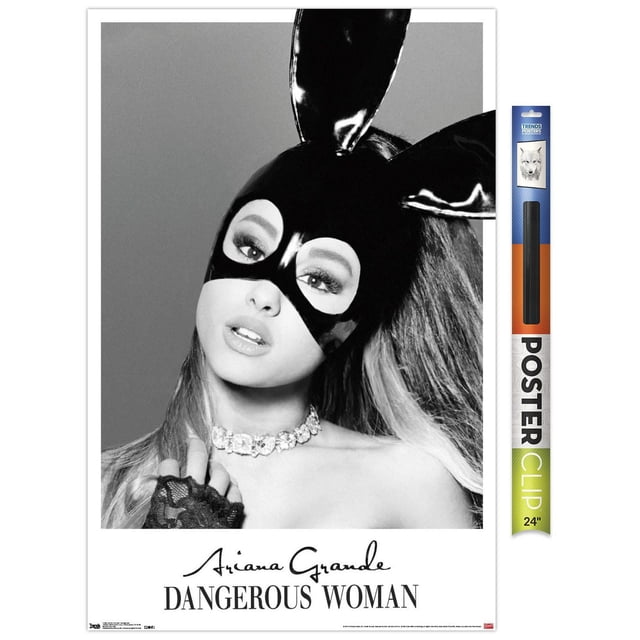 Ariana Grande - Dangerous Wall Poster, 22.375" x 34" framed, featuring a black and white close-up of Ariana Grande wearing glossy black bunny ears, a crystal choker necklace, and a lace glove on one hand, with her signature and 'Dangerous Woman' text below on a plain background, suitable for bedroom or dorm wall décor.