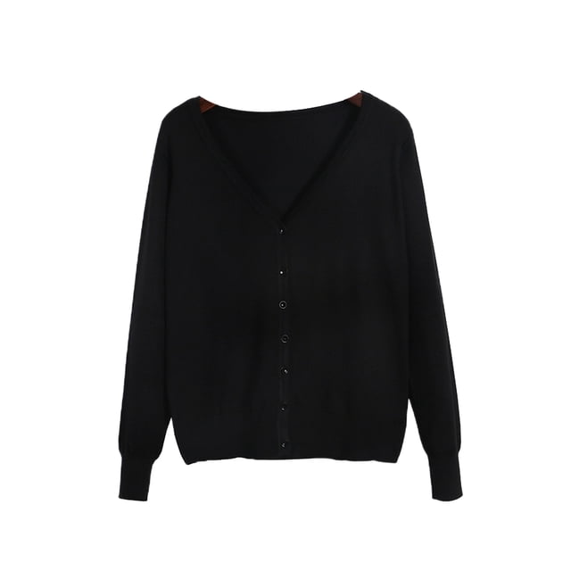 Innerwin Cardigan Sweater V Neck Ladies Coat Fall Solid Color Loose Outwear Black 2XL