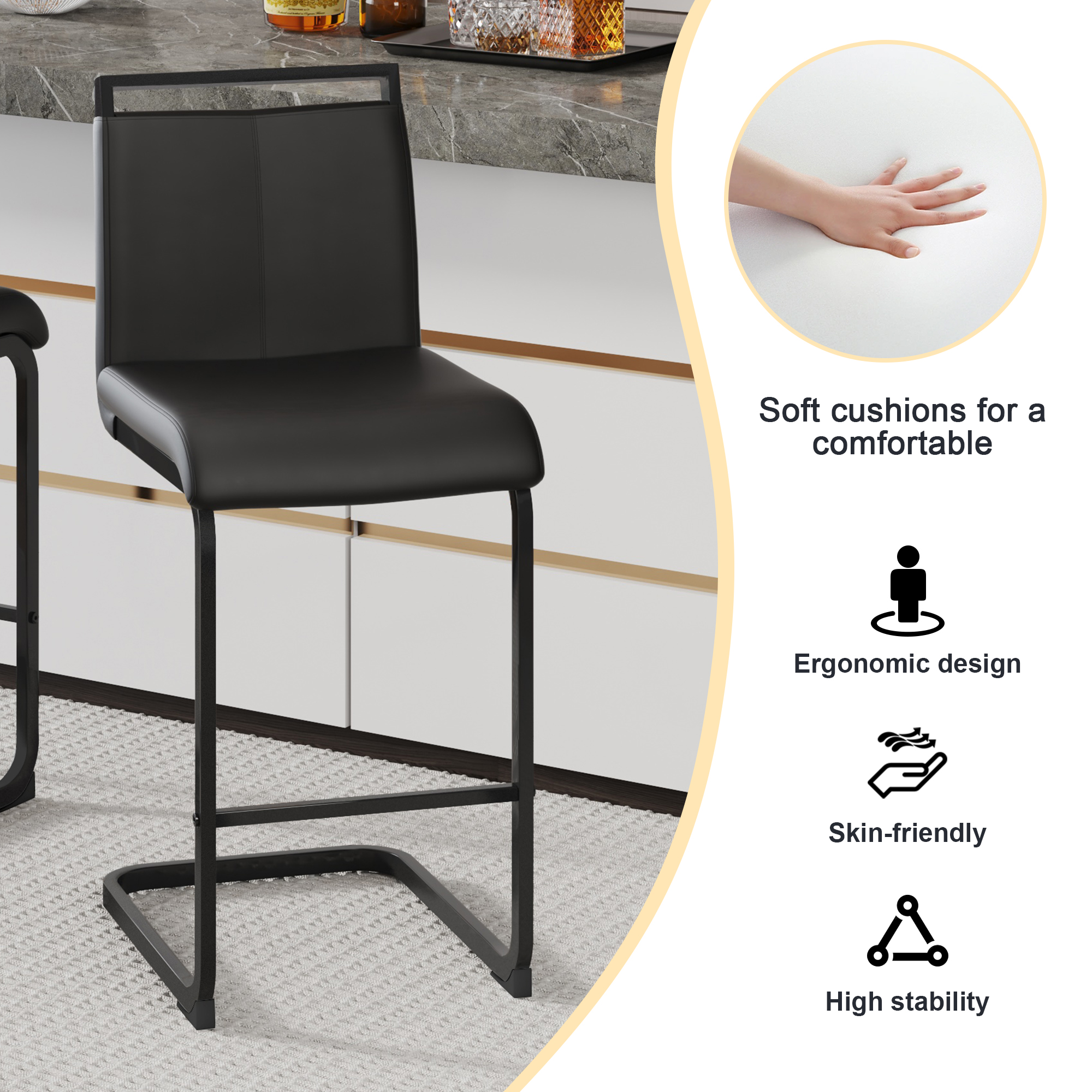 Noble House Ensemble de 2 tabourets de bar moderne, cuir PU noir avec cadre métallique, dossier ergonomique de 38" et pieds antidérapants, noir
