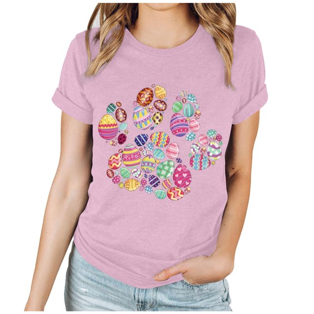 EGNMCR Chemises de Pâques pour Femmes Chemises Imprimé de Pâques Manches Courtes Col Rond T-Shirts pour Femmes