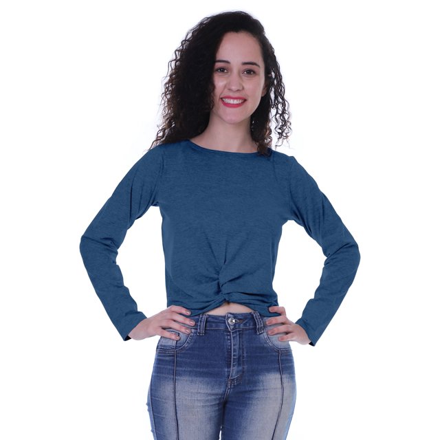 Moomaya T-Shirt Court à Manches Longues pour Femmes avec Nœud à l'Avant, T-Shirt d'Été Uni, Hauts