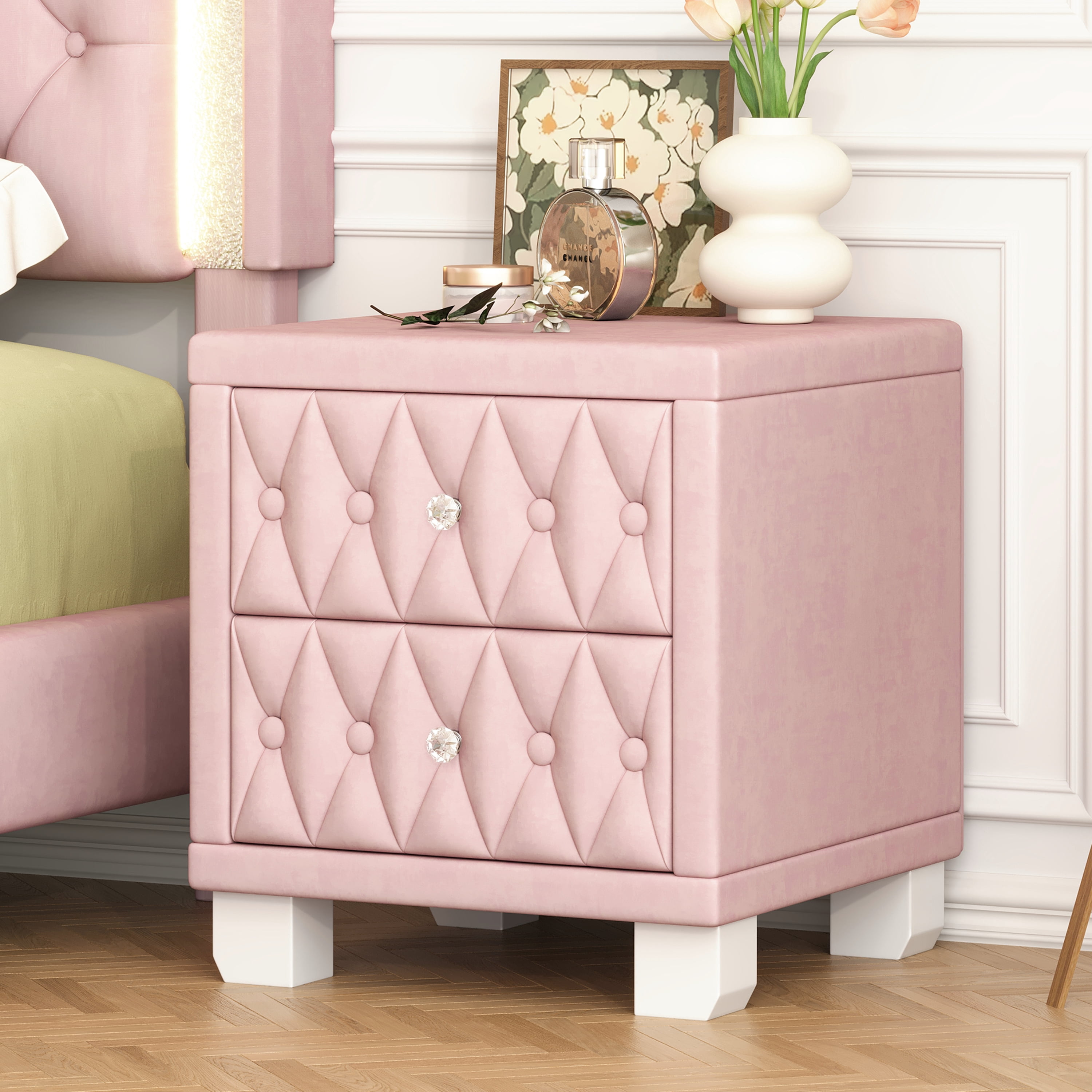 Euroco Velvet Nightstand with 2 Drawers and Crystal Handle, Storage Bedside Table with Button-Tufted, Pink