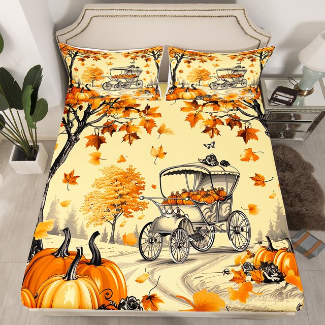 YST Literie Décor d'Automne Format Simple Draps de Lit Citrouille d'Automne, Drap-Housse Thème Récolte Ensemble de Lit Arbre d'Érable Botanique, Drap Feuilles d'Érable Tombées Beige Orange (Poche Profonde)