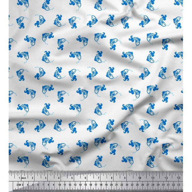 Soimoi Velvet Fabric Bubbles & Fish Ocean Print Fabric by the Yard 58 Inch Wide