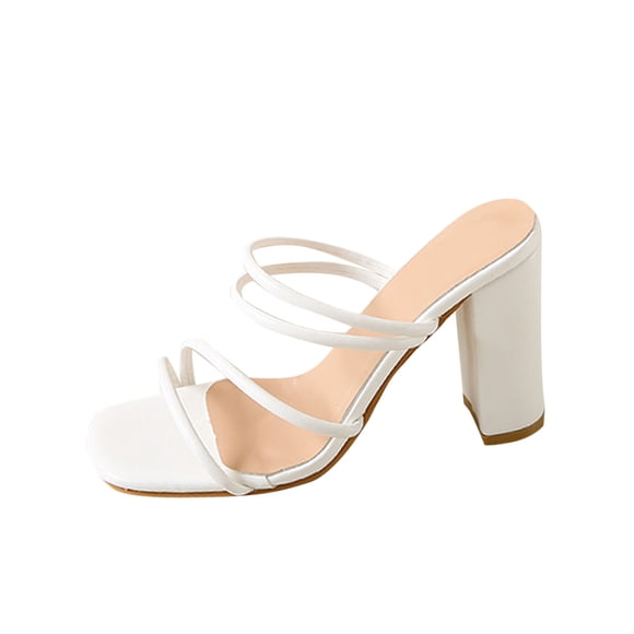 Heeled Sandals for Women Strappy Slide Chunky High Heel Open Square Toe Solid Color Summer Pumps White