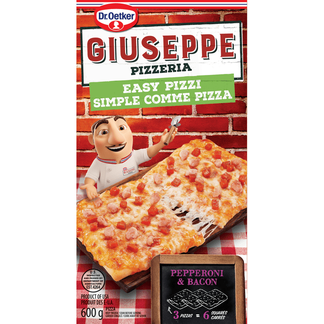 Dr. Oetker Giuseppe Pizzeria Easy Pizzi Pepperoni & Bacon rectangular frozen snack pizza topped with melted cheese, diced pepperoni, and bacon pieces on a wooden board over a red and white checkered cloth, with 600g product weight and cooking details visible.