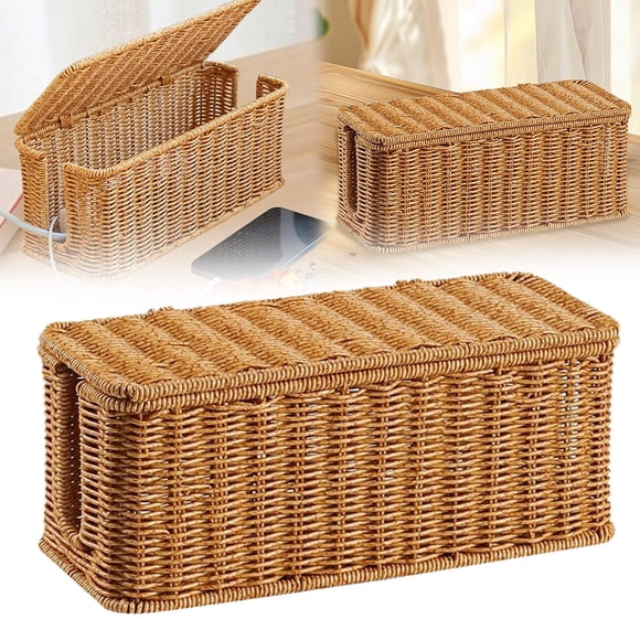 Large Cable Management Box, Handwoven Imitation Rattan Cord Organizer wire Hider Box, Desk Cord Management to Hide Cords and Power Strips, 12.4x5.12x5.12"