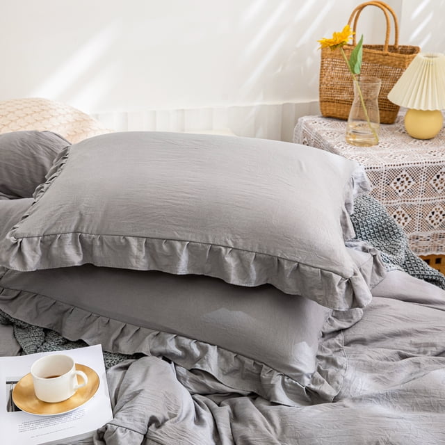 Move Over Gray Ruffle Pillow Shams King Ruffled Pattern Light Grey Boho Pillowcases 100% Washed Microfiber