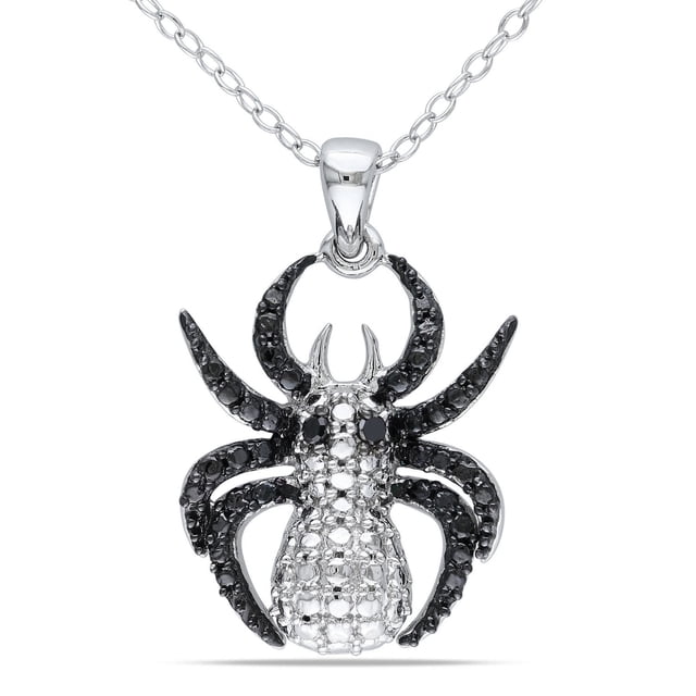 Asteria Black Diamond Accent Sterling Silver Spider Pendant, 18" featuring a sterling silver spider pendant with black rhodium plating, eight black diamonds along the legs, and two pave-set black diamond eyes on an 18-inch chain with spring ring clasp, ideal for statement necklace wear.
