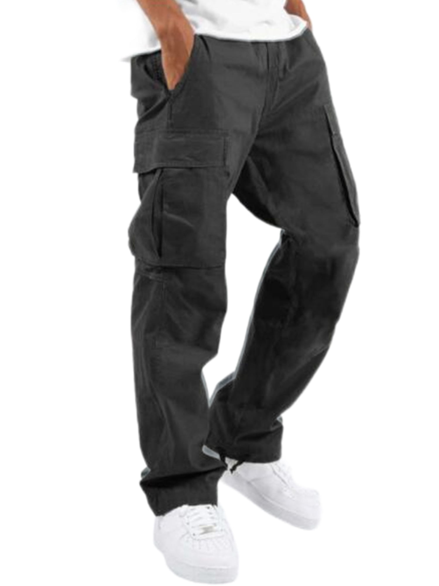 LUXUR Mens Drawstring Trousers Casual Sports Cargo Pant Black S