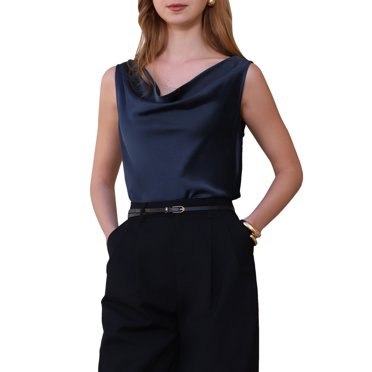 INSPIRE CHIC Women's Sleeveless Satin Cowl Neck Casual Office Dressy Tank Top XL Navy Blue