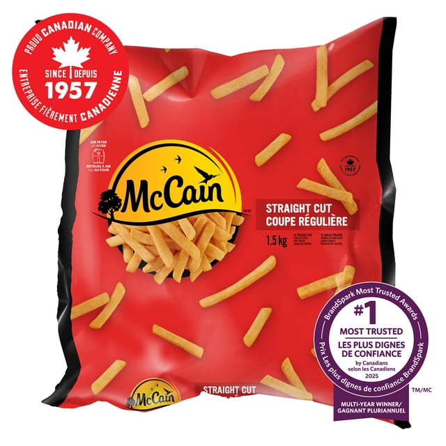 McCain® Frites Droites 1,5 kg Sac de Frites Surgelées Format Familial avec Emballage Rouge Montrant des Frites Droites Éparpillées et le logo McCain Jaune, Fabriqué au Canada avec des Ingrédients Nationaux et Importés, Facile à Préparer à la Friteuse à air Chaud Ou au Four pour des Collations de Pommes de Terre Croustillantes.