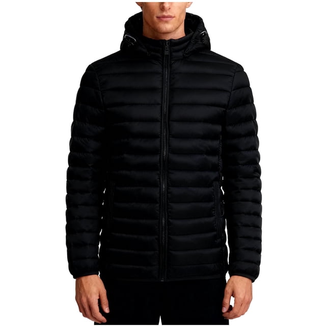 hoksml Men's Detachable Hood Puffer Jacket with Slash Pockets Solid Color Zip-Front Quilted Coat for Winter Warmth