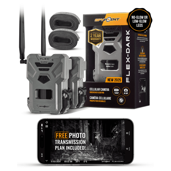 SPYPOINT Flex-Dark Caméra Cellulaire de Sentier, Photos 40MP et Vidéos 1080p avec Son, Double la Capacité de la Batterie, Compatible GPS, Connectivité Double Carte SIM LTE, Flash 100 Pieds et Portée de Détection (Lot de 2)