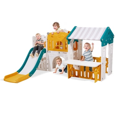 VEVOR Maisonnette de Jeu Extérieure, Aire de Jeu Polyvalente pour Tout-Petits avec Glissade, Basketball, Télescope, Volant, Tunnel de Rampement, Fenêtre de Vente, Ensemble de Jeu pour Tout-Petits de 1+, Structure de Jeu Ouverte, Plastique HDPE