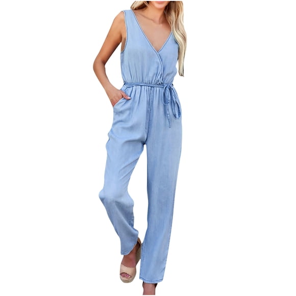 EQWLJWE Pants For Women Fashion Women Sleeveless Solid V-Neck Vest Casual Bandage Long Jumpsuit