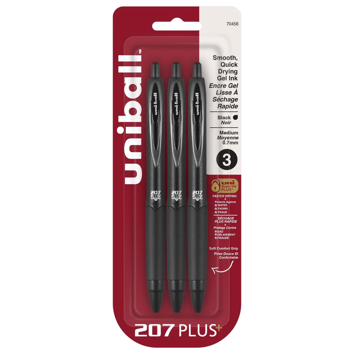 uniball™ 207 Plus+ Retractable Gel Pens, Medium Point (0.7mm), Black, 3 Pack