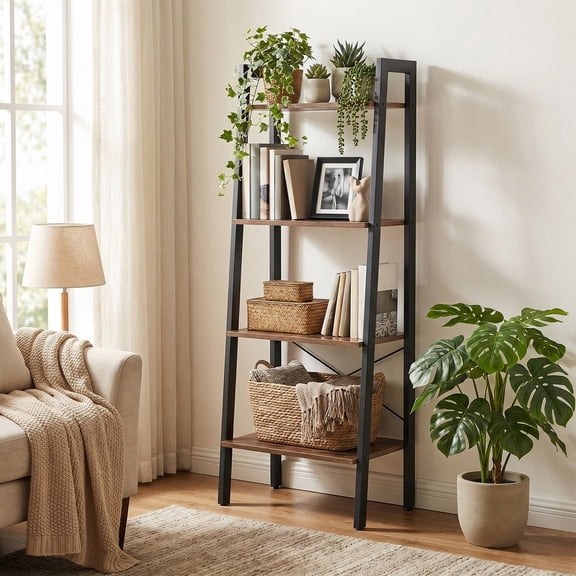 LEDREM Étagère Échelle à 4 Niveaux, Étagère de Rangement Robuste avec Cadre en Acier, Étagère de Rangement Bibliothèque pour la Maison, le Bureau, Brun Noisette et Noir Encre