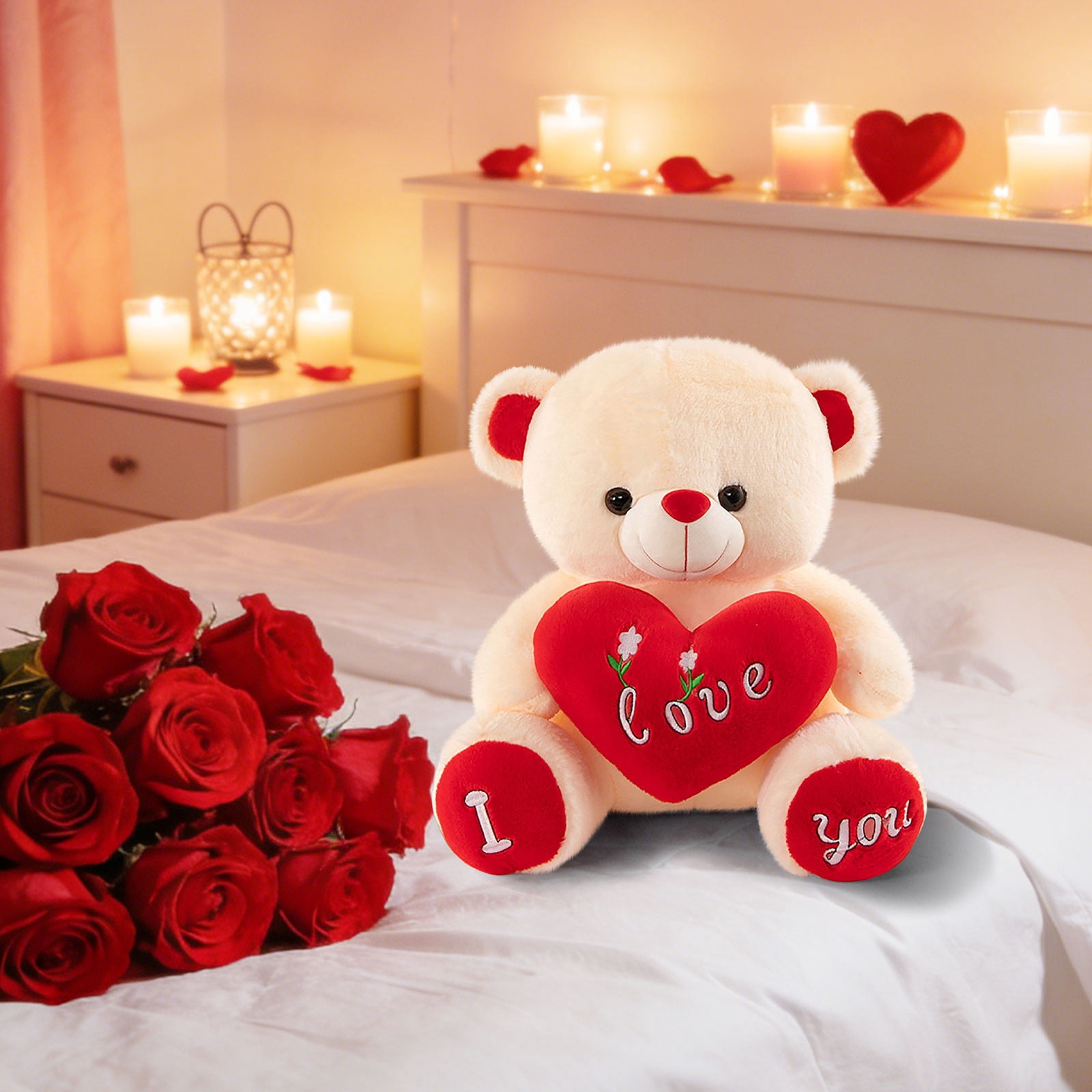 Teddy Bear 30cm White Plush Teddy Bear with Rose Love-Themed Doll Toy for Girlfriend Birthday Gift(1Pcs) Rkxzt