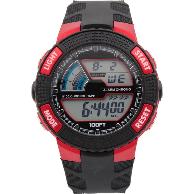 George Mens Digital Watch with a red case, black PU strap, and stainless steel case back, featuring a 45mm digital display with alarm chrono, stopwatch, backlight, and 30-meter water resistance, suitable as a digital sports watch for daily use.