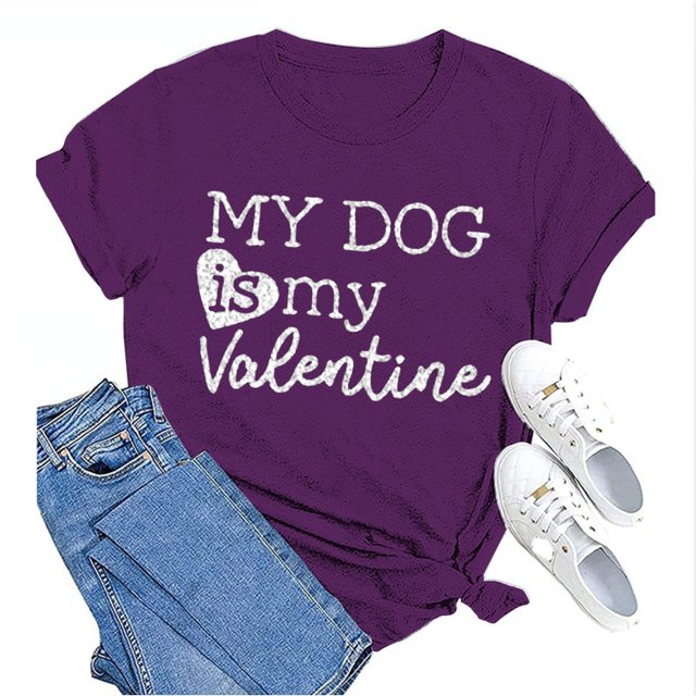 Tittly T-Shirts pour Femmes T-Shirts Graphiques Saint-Valentin Mon Chien Est Mon Valentin Imprimé Chandail Décontracté Imprimé Col Rond T-Shirt Chandail pour Femme T-Shirt T-Shirts Chemises Hauts pour Femmes Violet TTG