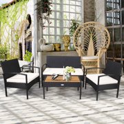 Costway 4PCS Patio Rattan Furniture Set Sofa Chair Coffee Table W/ Cushion White