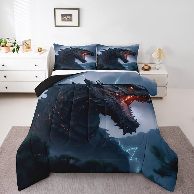 YST Dragon Ensemble de Couette Format Simple, Ensembles de Literie 3D Dinosaure Rugissant Doux pour Chambre, Ensembles de Couette de Literie pour Enfants Garçons Imprimés Tonnerre Faune Rocheuse, Couette en Duvet Gothique Ciel Noir Orange
