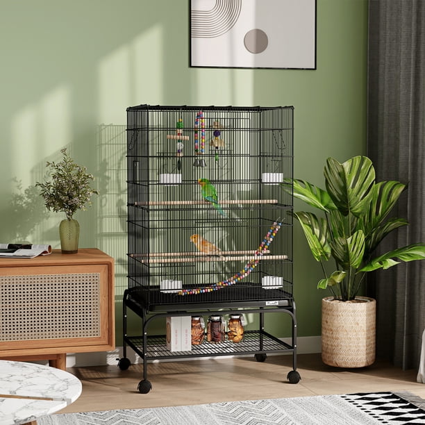 PawHut Bird Cage with Rolling Stand, Toys, for Budgies Canaries