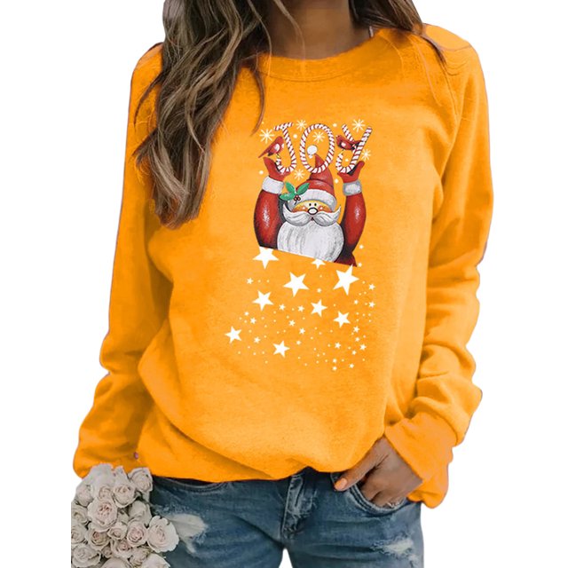 Bellella Chandail en Molleton pour Femmes Manches Longues Chandail de Noël Imprimé Flocon de Neige Chandails en Molleton de Noël Col Rond Ample Jaune TG