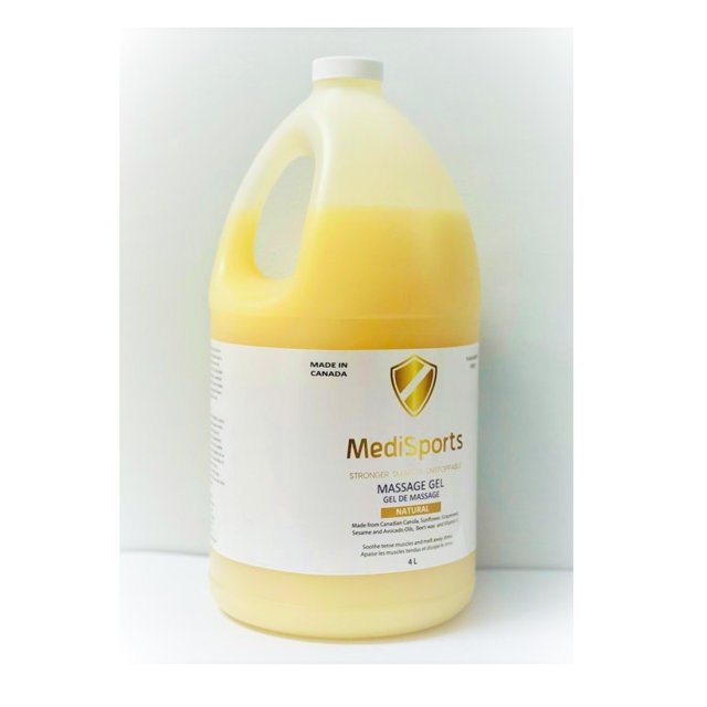 MediSports Natural Massage Gel in a 4-liter container, designed for therapeutic use. The plant-based formula includes Canadian canola, sunflower, grapeseed, sesame, and avocado oils, offering a satiny glide and moisturizing properties. Ideal for massage therapy, it is water-soluble for easy cleanup and suitable for use with essential oils. The container features a handle for convenience and a label highlighting its natural ingredients and Canadian origin.