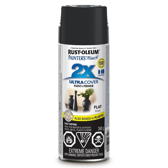 Rust-Oleum Painter's Touch 2X Interior/Exterior Ultra Cover Multi-Purpose Paint and Primer in Flat Black, 340g Spray Paint