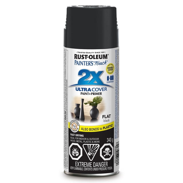 Painter's Touch 2X Ultra Cover Peinture en Aérosol Noir Mat avec Fini Noir Plat, Peinture à Séchage Rapide et Apprêt en un, avec Technologie à double Couverture et Vaporisateur Tout Angle pour Utilisation sur Bois, Métal, Plastique et Plus à l'Intérieur Ou à l'Extérieur.