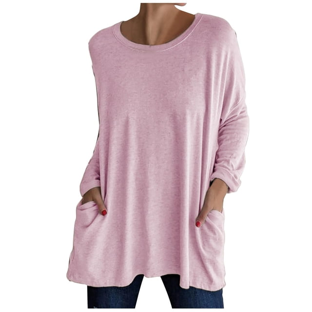 KIHOUT Spring Winter Womens Tops New Round Neck Long Sleeve Loose Pocket Solid Color Casual Top