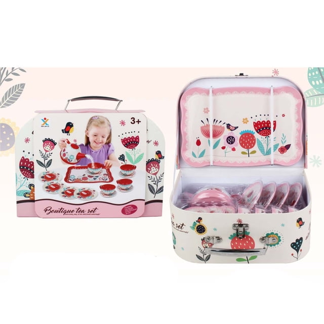 Fwttom Tea Party Set, Children Pretend Play Toy,Children's Home Simulation Tea Set, Tin Teapot, Tea Cup, Toy, Portable Gift Box Set